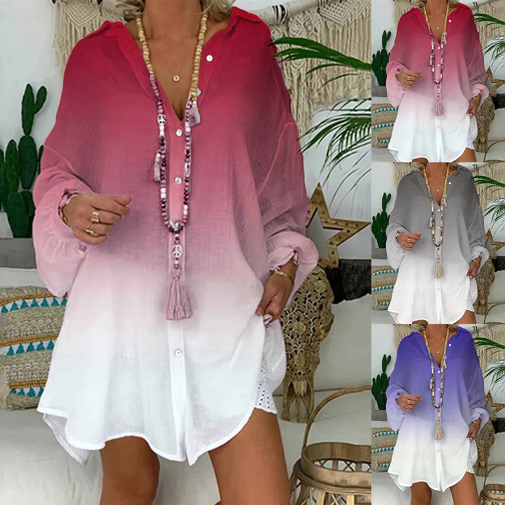 Женская Повседневная рубашка с длинными рукавами с градиентом нерегулярные блузки на пуговицах Свободная блуза, топы mujer de moda 2019 blusa feminina #30