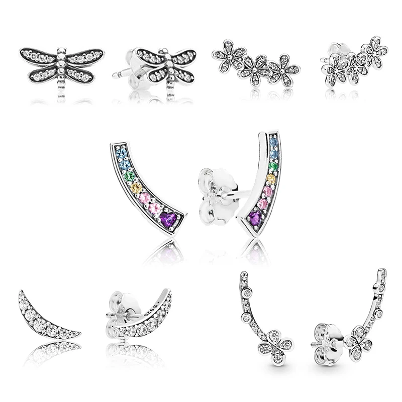 

Authentic 925 Sterling Silver Earrings Pans Butterfly Ear Women Gift Fine Europe Jewelry Colors Birthday Five Stud Earring