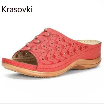

Krasovki Women Slippers Summer 2020 Fashion Thick Bottom Breathable Wedges Slides String Bead Peed Toe Causal Women Slippers