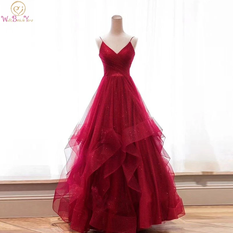 

Wine Red Bling Prom Dresses Long Formal 2019 Spaghetti Strap Ruffles Sequined Pleats V Neck Ball Gown Lace Up Party Evening Gown