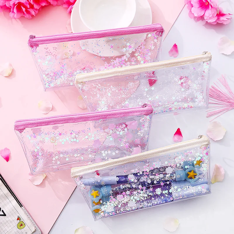 

AngelHere Store 1pcs/lot Kawaii Pencil Case Quicksand Large Capacity Transparent Pencil Bag Stationery Office School Supply