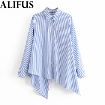 

Fashion Za Women Shirt 2020 Autumn Casual Stripe Irregular Turn-Down Collar Shirts Blouses Loose Ladies Long Sleeve Blusas Tops