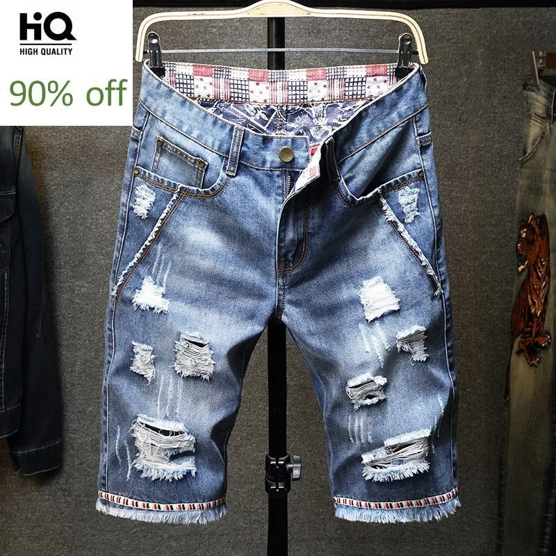 

Summer Hole Ripped Denim Shorts Men High Street Casual Knee Length Jeans Harem Shorts Plus Size Vintage Straight Denim Hot Pants