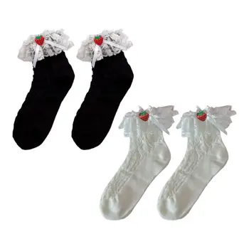 

Female Sweet Lolita Hollow Cotton Ankle Socks Cute Strawberry Bow Lace Hosiery