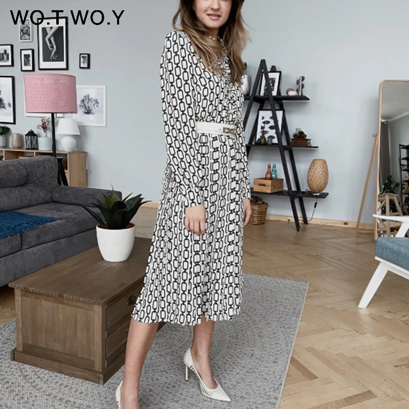 Женское плиссированное платье WOTWOY летнее свободное с длинным рукавом и оборками
