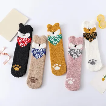 

Thickening Women Cotton Lovely Plush Keep Warm Sleep Funny Cute Socks Hosiery Winter Kawaii Cartoon Shiba Inu Soft Floor Socks