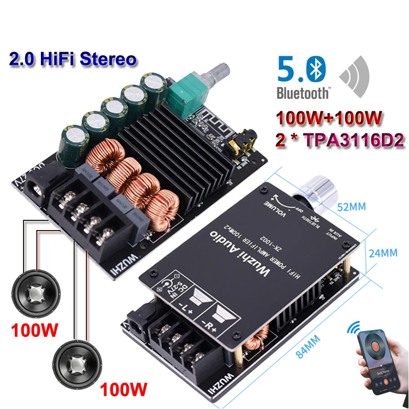 2*100 Вт TPA3116D2 аудио усилитель мощности Bluetooth 5 0 стерео сабвуфер HiFi Класс D Цифровой