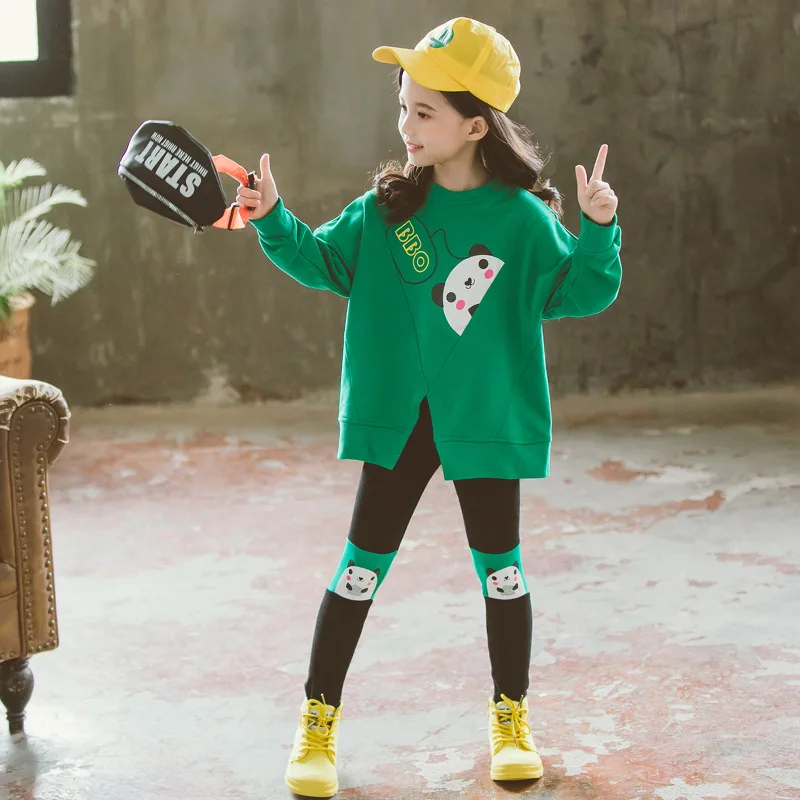 Детская одежда хлопковые комплекты из 2 предметов для девочек свитшоты с пандой+ леггинсы с героями мультфильмов Рождественский наряд осенний детский спортивный костюм Мода - Цвет: Green