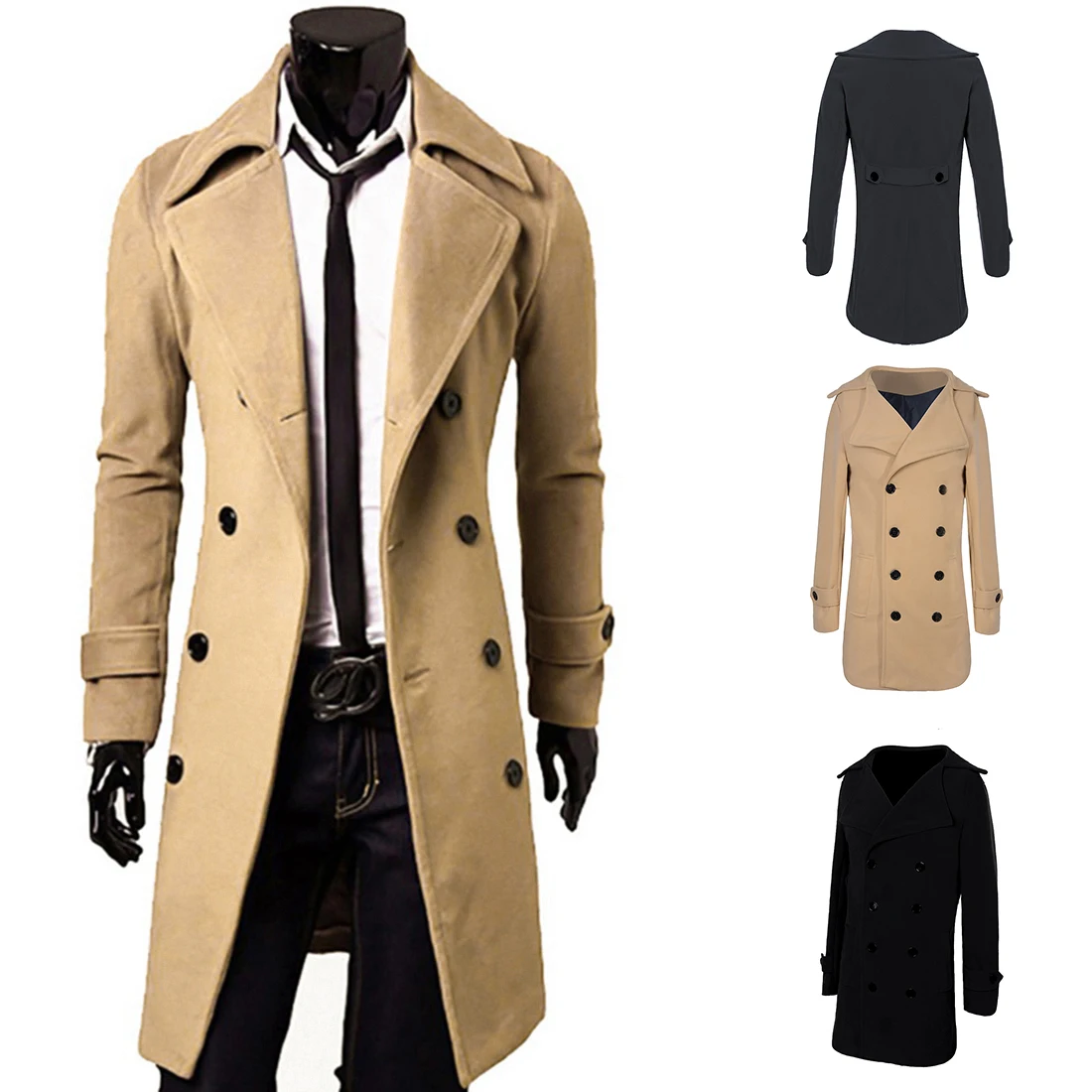 Мужская модная однотонная двубортная ветровка с лацканами, деловой повседневный мужской длинный плащ, зимняя теплая приталенная куртка