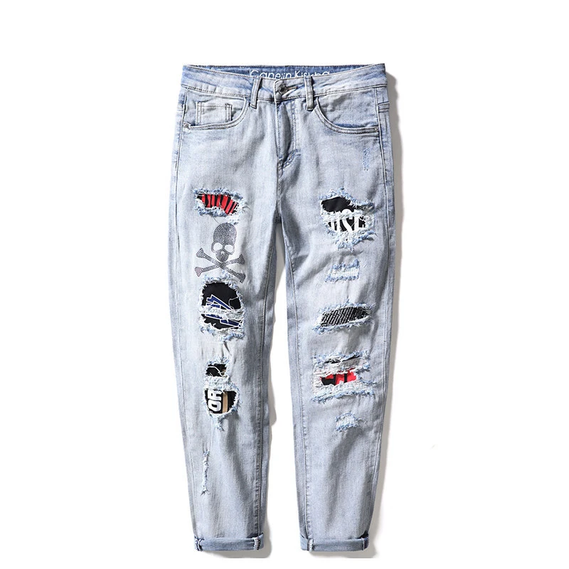 Wholesale 2022 Fashion Light Luxury Hip Hop Light-colored Ripped Jeans Men\'s Patch Hot Drilling Skeleton Beggar Thin Long Pants