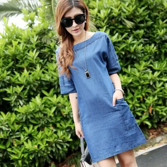 Новинка, женское модное летнее джинсовое платье размера плюс, 3XL, синее мини повседневное джинсовое платье с коротким рукавом, Европейский стиль, AH751