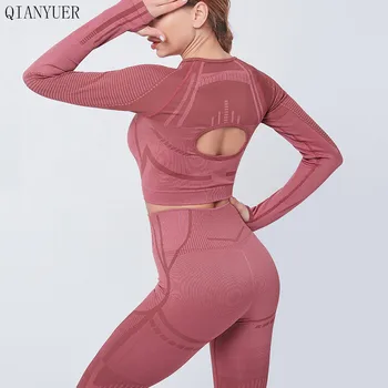

2020 Sexy New Ladies fitness Long-Sleeved Slim Top + Raised Hip Leggings Workout Track Suit sports fitness 2 piece set