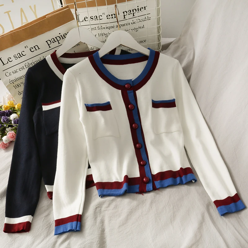 

Knitted Sweater Cardigan Women Long Sleeve O-Neck Single Breasted Thin Spring Jumpers Contrast Color Loose Sweater G1944