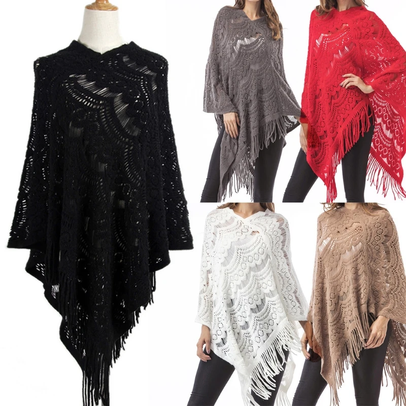 

Women Hollow Out Crochet Batwing Sweater Cape Pullover Knitted Shawl Scarf Solid Color Tassels Asymmetric Poncho Wrap