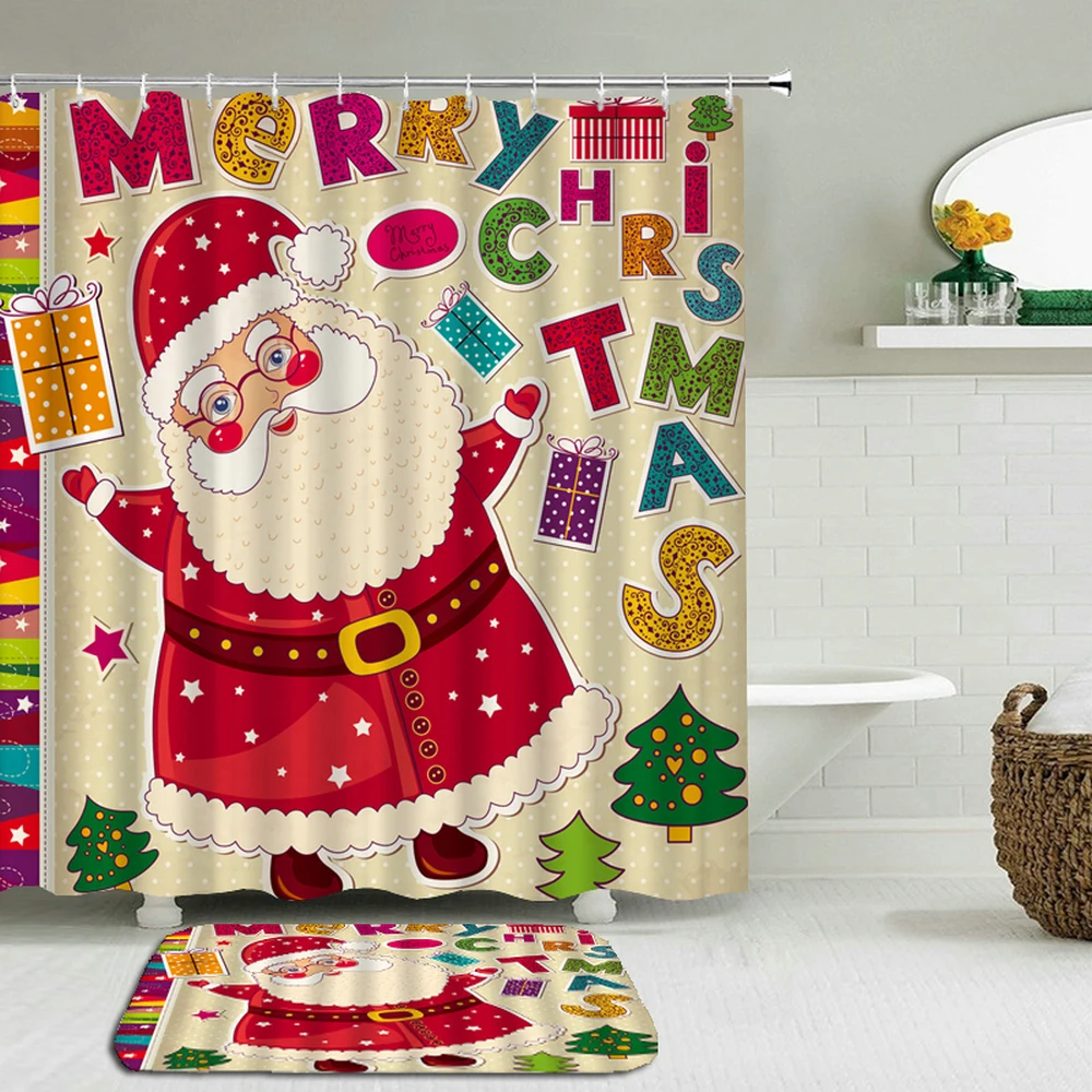 

Christmas Shower Curtain Set Cartoons lovely Santa Claus Shower Curtain With Hooks New Year Xmas Bathroom Non-slip Floor Mat