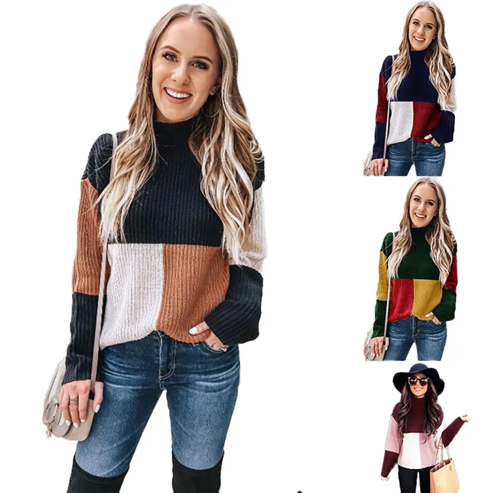 Joineles, Осень-зима, гольф с длинными рукавами, женские свитера, цветной блок, Повседневная вязаная одежда, джемпер, Pull Femme, модные пуловеры