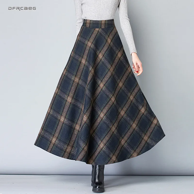 

High Waist Vintage Plaid Thicken Wool Women Maxi Skirt 2019 New Fashion Streetwear Woolen Ladies Woolen Skirt Female