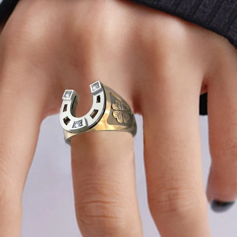 Wedding Ring Trendy Gold Colors Horseshoe U-shaped Creative Vintage Men Luxury Crystal Four Leaf Clover