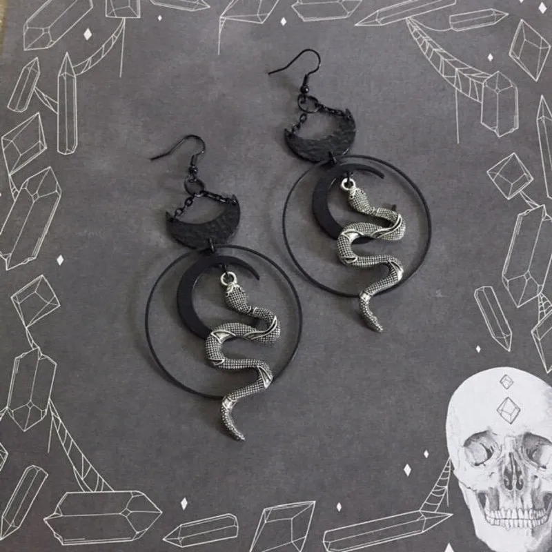 Harvest Ritual Moon Snake Earrings Jewelry Wicca Big Snake Pendant Women Gift Goth Statement Hallowee Grunge pendant earrings animal earrings