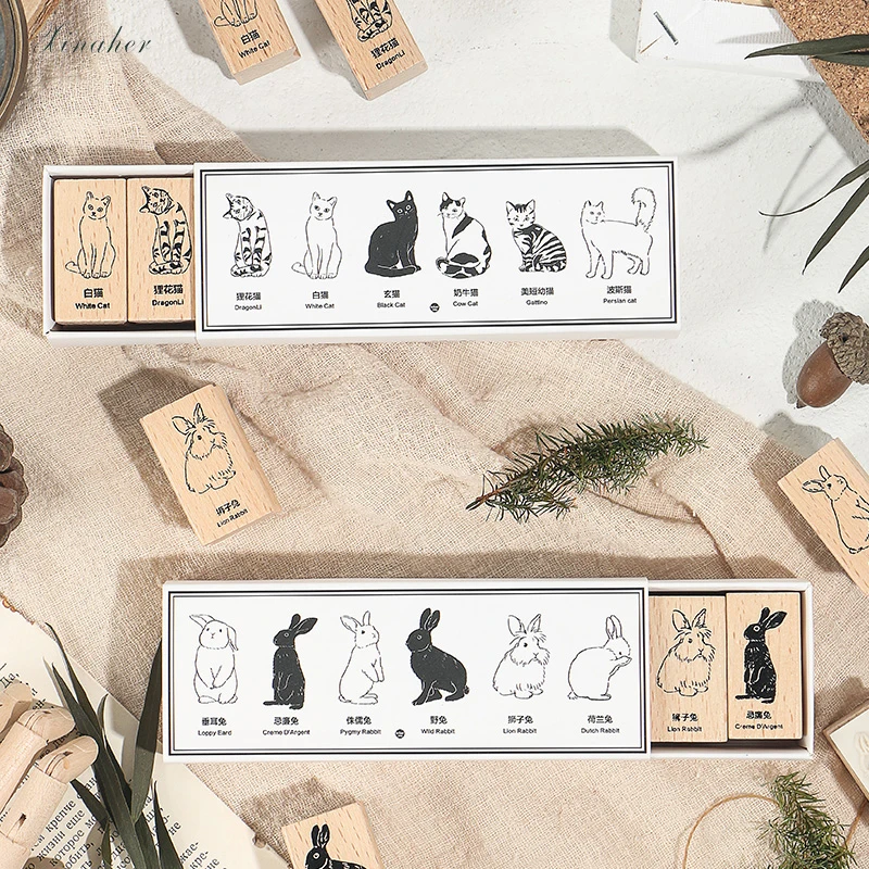 

6pcs/set Vintage animal cat rabbit stamp DIY wooden rubber stamps for scrapbooking stationery scrapbooking standard stamp