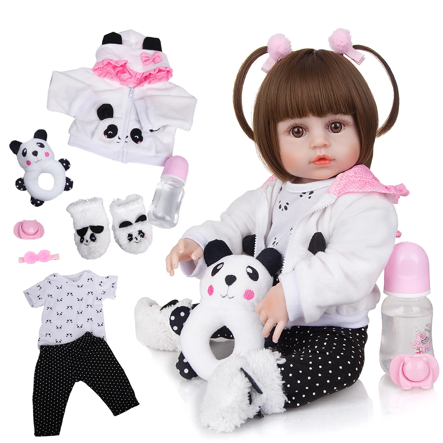 48cm Baby Doll Bebe Reborn 100% Silicone Panda Brown Eye Can Take Bath Sent  from