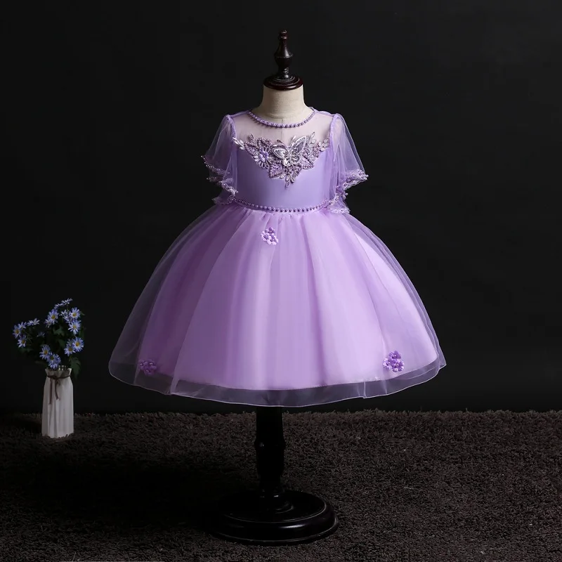 Purple Фатиновое платье принцессы; платье подружки невесты с цветочным узором для девочек на свадьбу; милое бальное платье с бисером для девочек; Платье для фотосессии на день рождения - Цвет: Purple