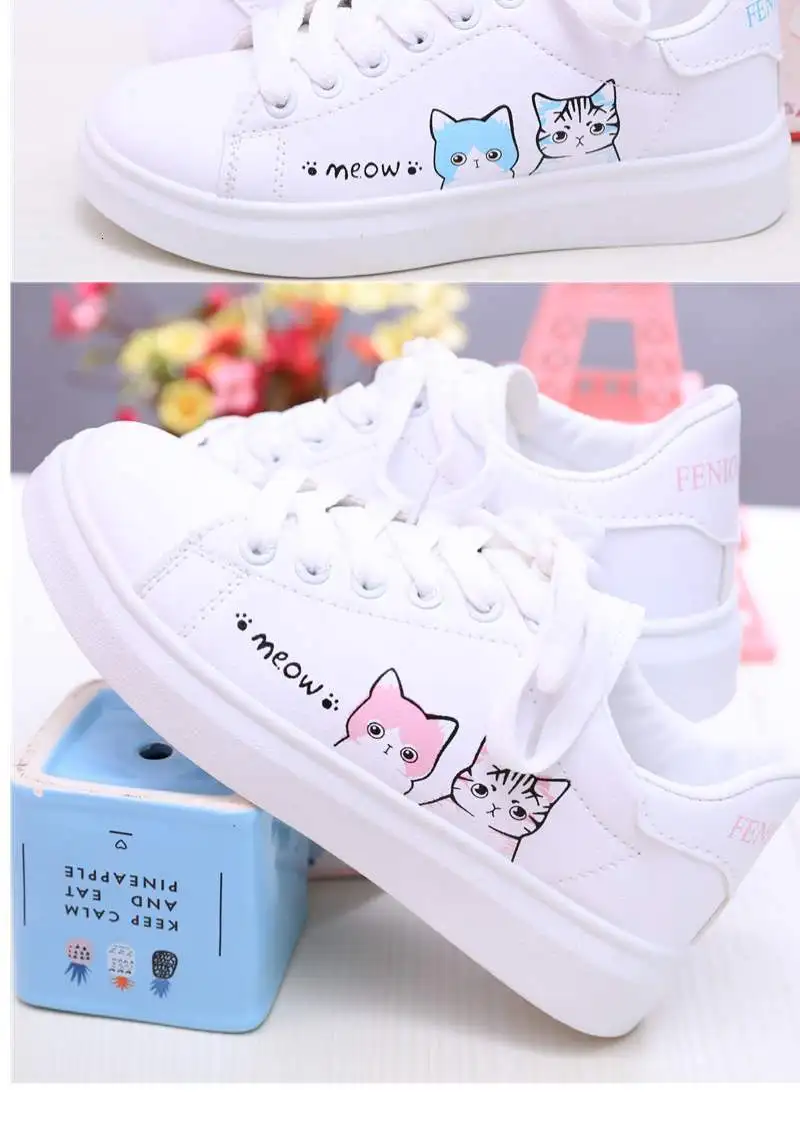 Autumn Girl Student Pupil Single Shoe Ventilation Skate Children Shoes White Girl Sneakers Cute Cat Embroidery Kids Casual Shoes
