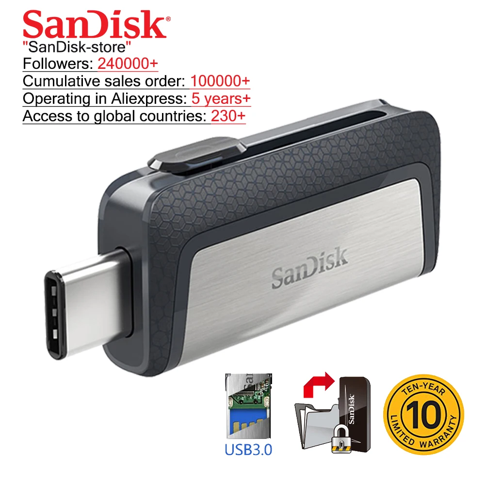 SanDisk type-C USB 3,1 двойной интерфейс OTG флеш-накопитель 128 Гб 64 ГБ 32 ГБ 16 ГБ ультра двойной накопитель USB 3,1 type-C скорость чтения до 130 м/с