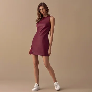 

Women Sexy Pu Leather Patchwork Dress Office Ladies O Neck Sleeveless Rivet Mini Party Dress 2020 Vintage Elegant Slim Dresses