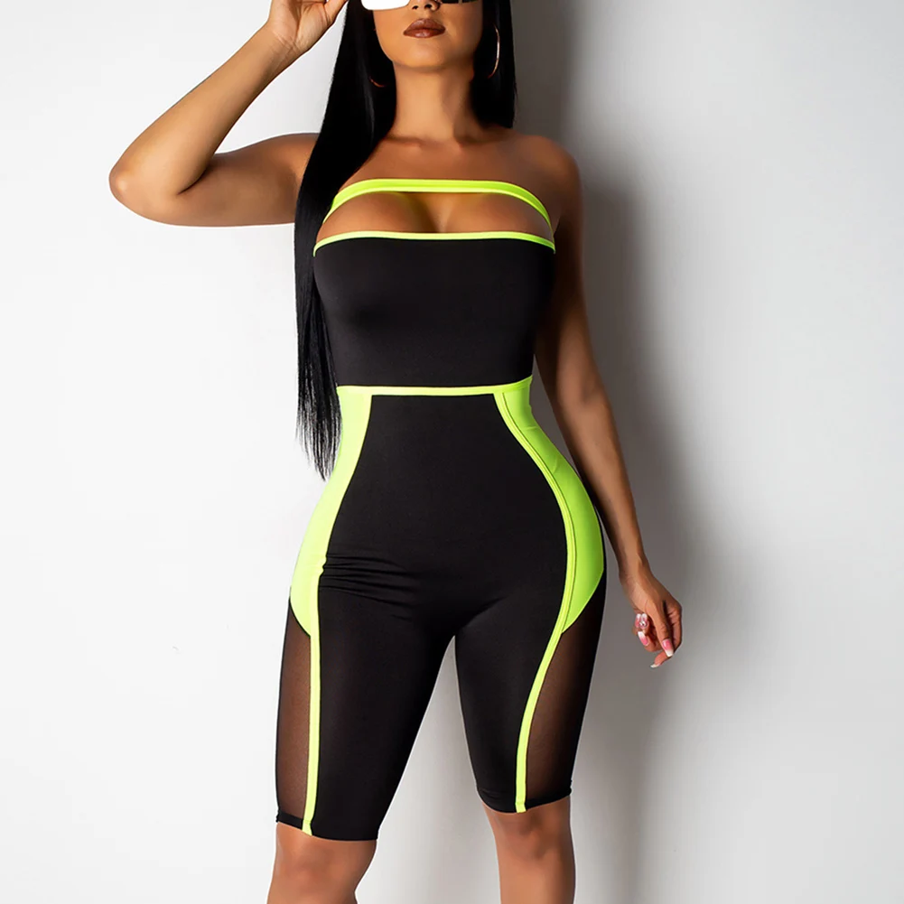 

Fadzeco Women Bodycon Romper Clubwear Sexy Open Back Bandeau Contrast Color Mesh Rompers One Piece Jumpsuits