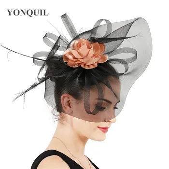 

Nice flower champagne decor big fascinators women kenducky derby hats with fancy feathers elegant ladies large headwear headband