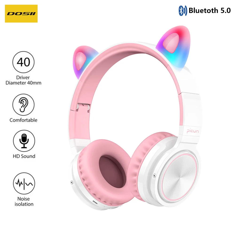 Kids Bluetooth5 0 Cute Cat Ear Headsets Wireless Hifi Headphones Stereo Noise Cancelling Headphones LED Luminous with Microphone