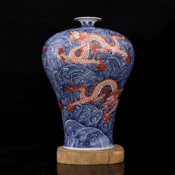 

Qing Dynasty Qianlong year mark blue and white glaze handpainted sea water five dragon pattern vase antique porcelain ornaments