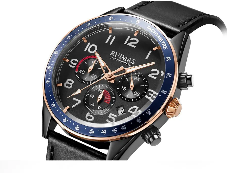 Мужские кварцевые часы RUIMAS с хронографом, роскошный синий кожаный ремешок, военные наручные часы, мужские спортивные часы от ведущего