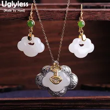 Uglyless Vintage Ethnic Abstract Heart Jewelry Sets for Women Natural Jade Earrings+ Pendants NO Chains 925 Silver Bijoux S23