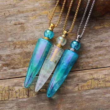 New Natural Gems Stone Quartz Essential Oil Diffuser Perfume Bottle Pendant Necklace Stainless Steel OL Teengirls Jewelry