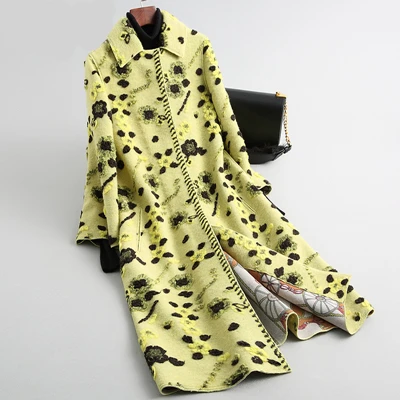 Зимнее высококачественное женское меховое пальто из настоящей шерсти, модное пальто с объемным цветочным принтом и овечьей шерстью, толстая длинная куртка, Женская парка - Цвет: Banana Green
