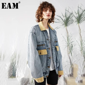 

[EAM] Loose Fit Blue Contrast Color Big Size Denim Jacket New Lapel Long Sleeve Women Coat Fashion Tide Spring 2020 1R687