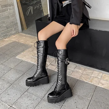 

Ladies High Boots Platform High Heels Boots Women Lace Up Long Boots Punk Knee Boots Female Women Shoes Autumn Black Shoes