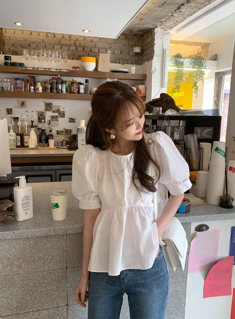 Puff Sleeve Blouses Women White O-neck All-match Korean Style 