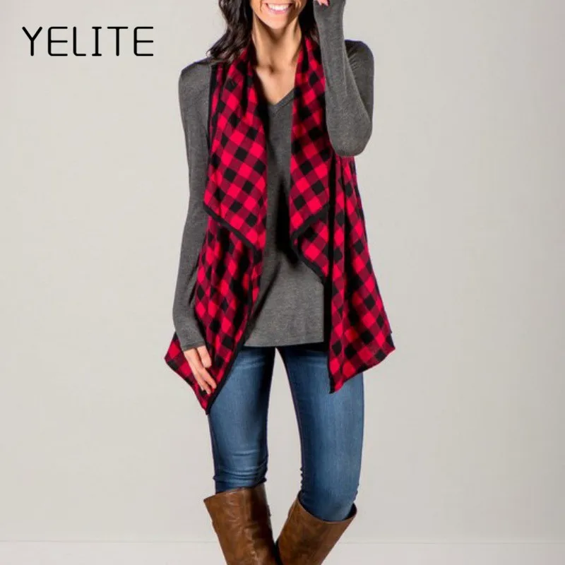 

YELITE Office Ladies Vest Sleeveless Turn Down Neck Open Front Jacket Check Plaid Cardigan Casual Women Long Waistcoat Plus Size