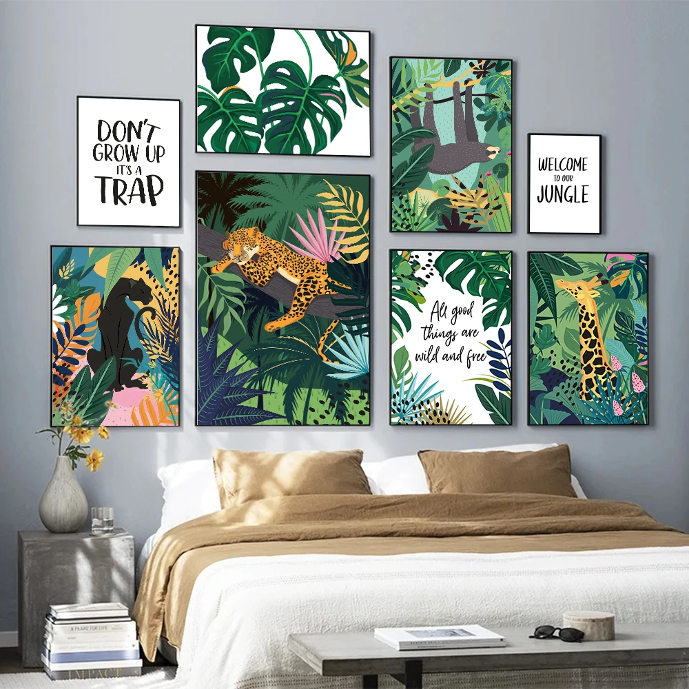 

Sloth Panther Leopard Giraffe Jungle Nordic Posters and Prints Monstera Leaf Wall Art Canvas Painting Pictures for Living Room