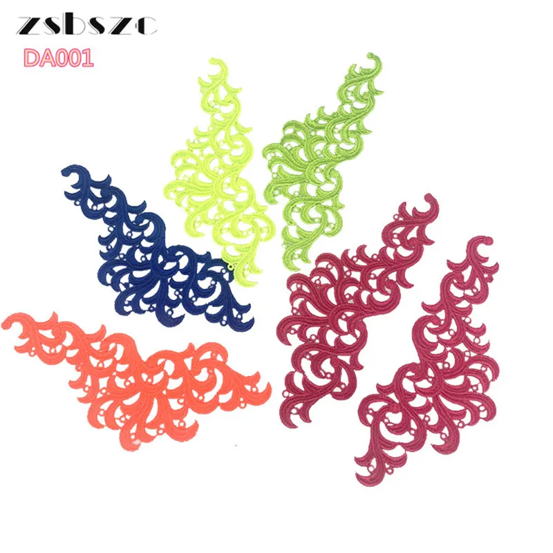 2 쌍 Venise 형광 노란색 오렌지 꽃 레이스 트림 탱고 댄스 발레 의상 드레스 장식 봉제 Applique 공예 DA001