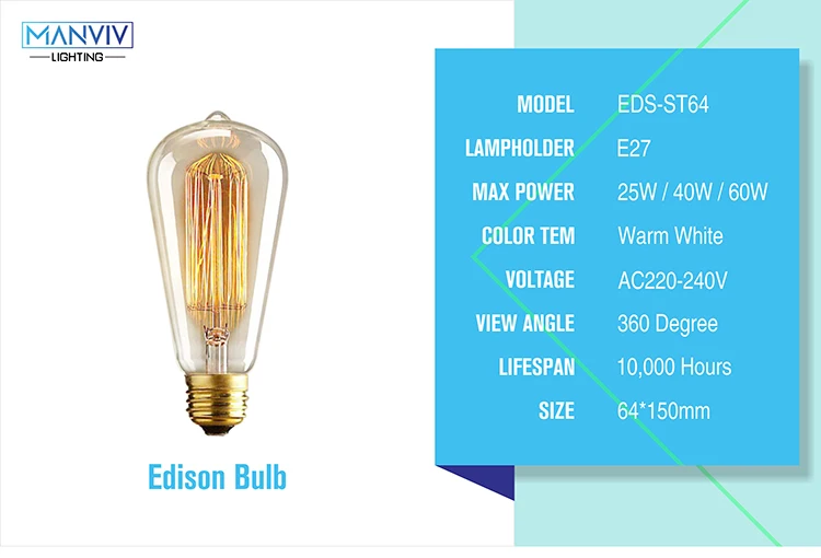Светодиодный лампочка Эдисона E27 AC 220 В лампа накаливания База 25 Вт 40 Вт 60 Вт ST64 лампа накаливания винтажный Ретро светильник держатель для подвесного светильника