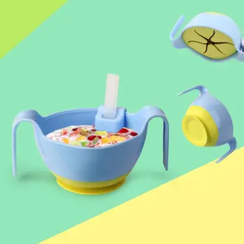 

Baby Training Dishes 3 in 1 Silicone Handle Feeding Bowl with Straw Suction Cup Infants Toddler Food Container Toddler Tableware