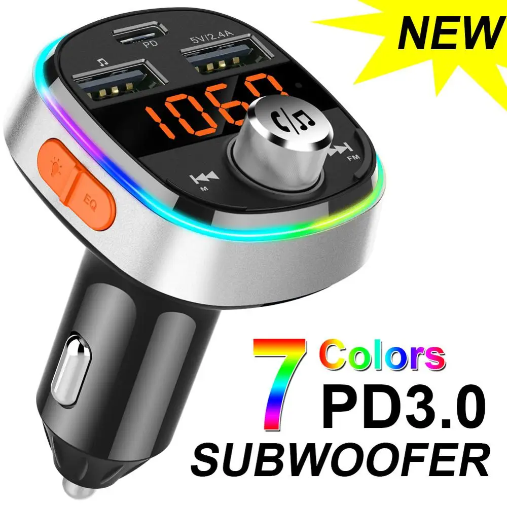

FM transmitter Bluetooth hands-free car MP3 player subwoofer colorful atmosphere lights dual USB PD3.0 fast charge support siri