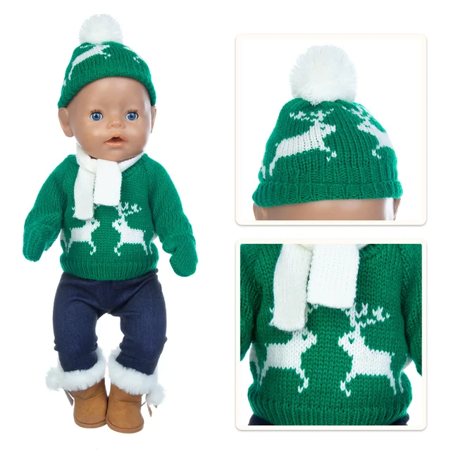 1Set Sweater Suit+hat+scarf +gloves Fit 17inch 43cm Doll Clothes Born Baby Suit For Baby Birthday Festival Gift 7