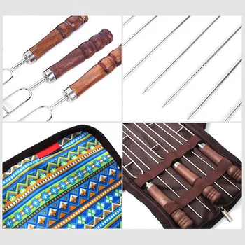 

5 Pcs/Set BBQ Forks Stainless Steel Wood Handle Meat Skewer Tool for Travel Camping Barbecue Picnic TUE88