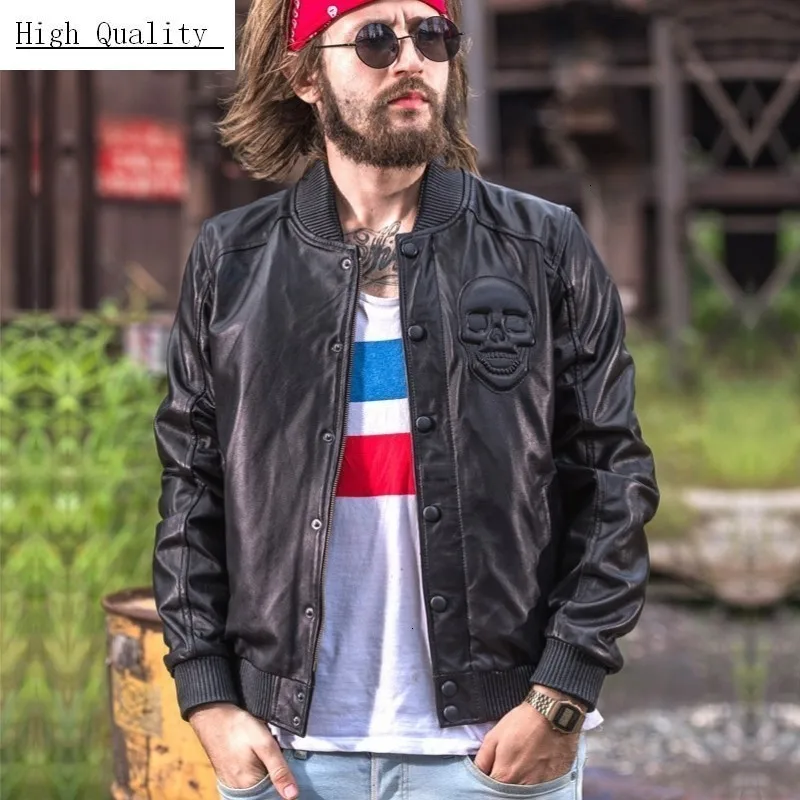 

2020 New Vintage Skulls Black Mens Bomber Jacket Genuine Leather Slim Pilot Jacket Sheepskin Korean Autumn Winter Aviator Coat