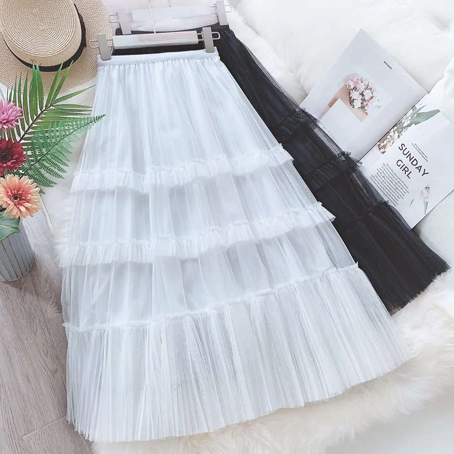 12 белый черные, бежевые серый эластичные с высокой талией платье миди с оборками сетчатая фатиновая юбка для женская летняя обувь женские женская Юбка Saia saias